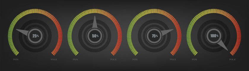 Arrow with level meter scale. Volume knob. Dashboard tumbler with colored scale. Realistic tuner or speedometer with indicator. Vector illustration