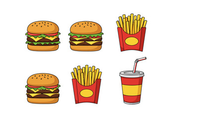 Colorful fast food combo with burgers, fries, and drink