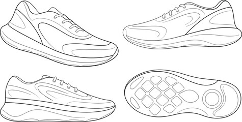 Running shoes outline, sneaker design, athletic footwear, side view, top sole view, laces, sports shoe, casual wear, modern style, unisex sneaker