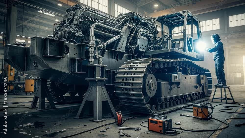 Poster wideangle shot of a partially built crawler vehicle with complex mechanical parts aligned on factory