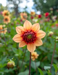 Obraz premium Close-up of a peach and maroon dahlia