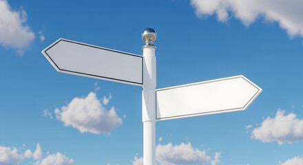 A directional signpost with two blank arrows pointing in opposite directions sky