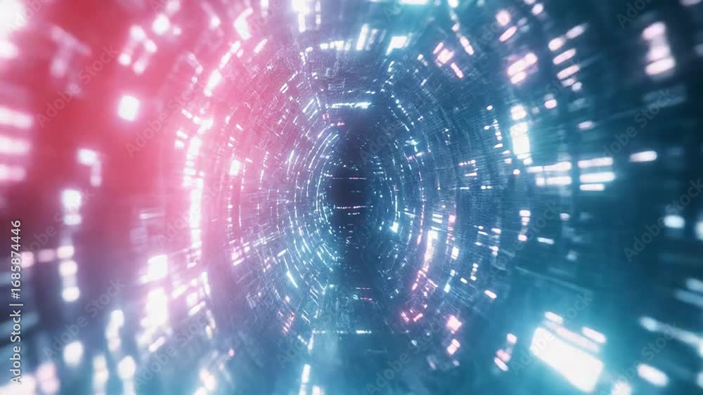 Poster futuristic neon data stream tunnel transforming into digital information space