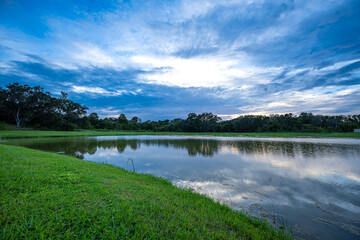 Peaceful landscape of a calm lake with reflections of clouds and trees under a dramatic blue sky, symbolizing tranquility and natural beauty.