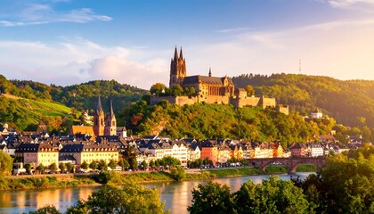 Fototapeta premium Panoramic view of a European city nestled in a valley at sunset
