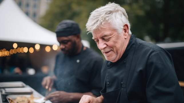 Senior chef preparing food with colleague at outdoor event