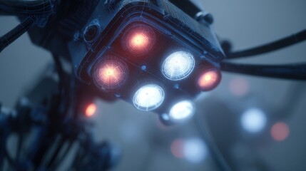 A closeup of a robots sensor array highlighting its data transmission capability over a 6G slice illustrated with glowing indicators that signal robustness against network disturbances.