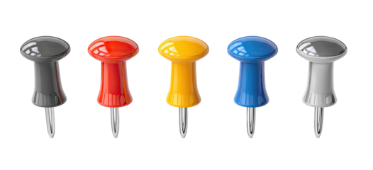 Five colorful push pins arranged in a row