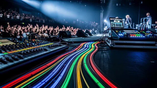Dynamic shot of multicolored fiberoptic cables illuminated by stage lighting stretching from soundboard to FOH mixer in a packed live event venue.