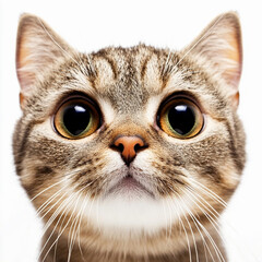Very close-up portrait of funny cat with big eyes isolated on a white background