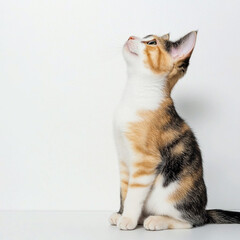Studio photo of a tricolor kitten looking up and sitting sideways isolated on a plain white background, banner with a space for text