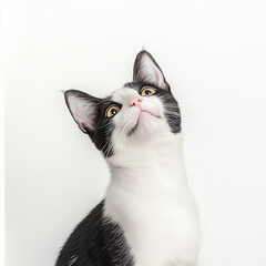 Funny cute cat looking up isolated on a light background