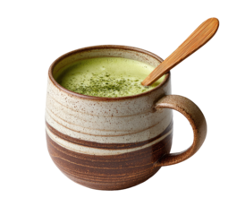 Creamy matcha latte in a rustic mug