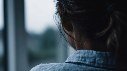 Woman contemplating through window, rear view of hope and uncertainty