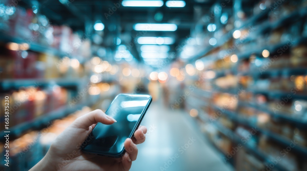 Poster Shot of a shopper checking their digital shopping cart on a smartphone with blurred instore shelves in the background emphasizing unified omnichannel retail interaction.