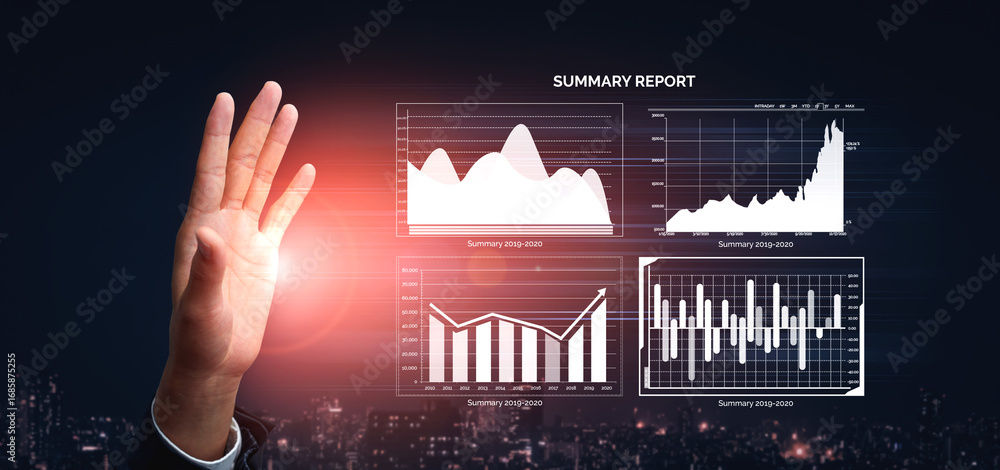 Poster a hand gesture interacts with digital summary report graphics showcasing various data visualizations