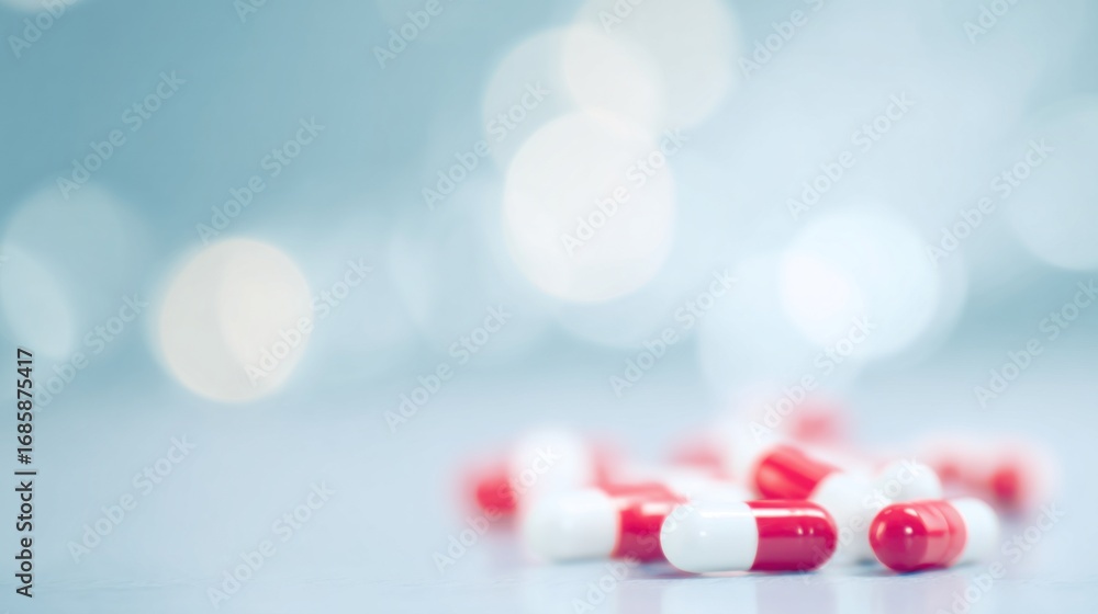 Poster scattered red and white pills are positioned against a blurred backdrop, creating a soft and abstrac