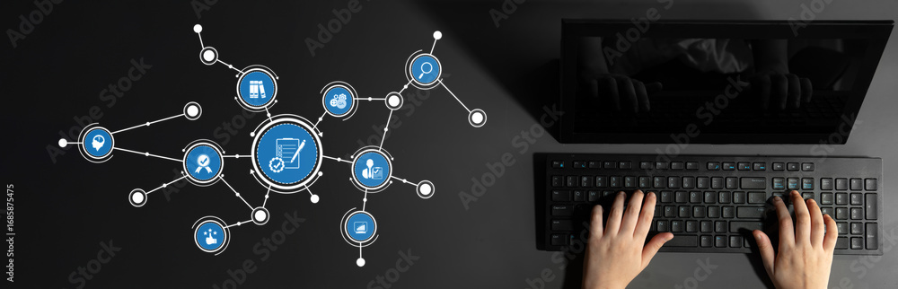 Aufkleber a dynamic digital shopping concept illustrating hands on a keyboard, enhanced by icons representing 