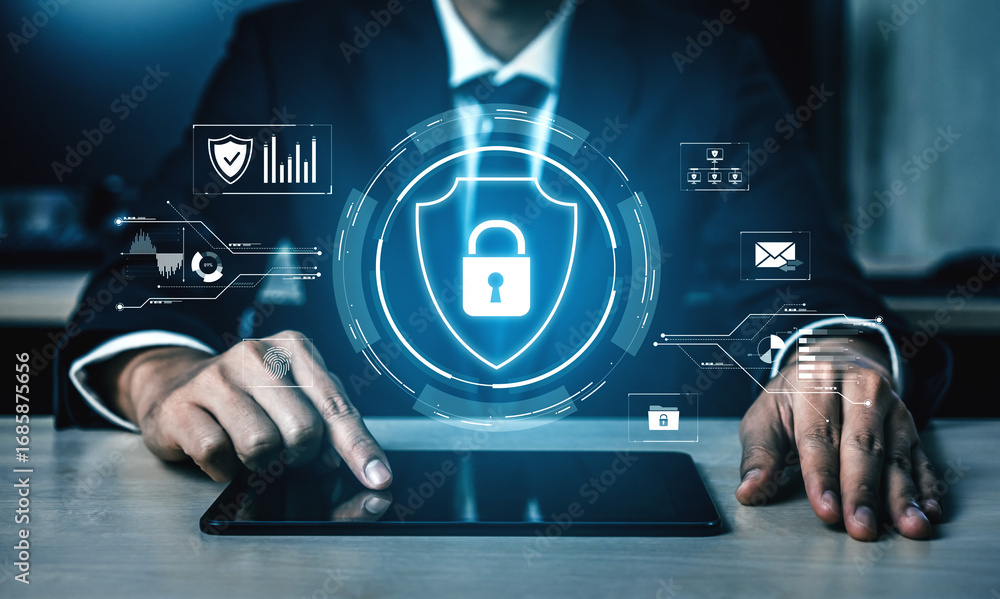 Poster cyber security protects against breaches, hacks, and network attacks using strong infrastructure and
