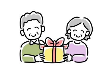 プレゼントを受け取る高齢夫婦のベクターイラスト