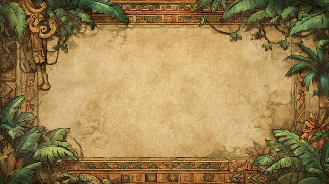 Jungle-themed ancient frame with tropical foliage and tribal stone carvings..