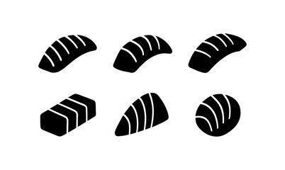 Minimalist sushi icons set featuring popular sushi shapes in black silhouette