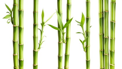 Fototapeta premium Several vibrant green bamboo stalks, highlighted against a pure white backdrop, display a variety of fresh new leaves and stems.