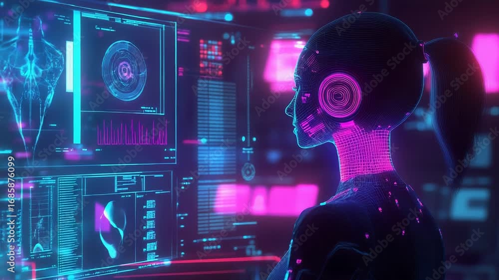 Poster artificial intelligence woman working with futuristic interface in virtual reality cyberspace