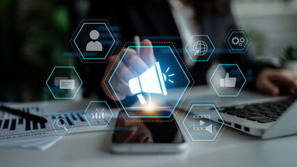 Digital marketing promotion strategy using megaphone, social media marketing, digital ads video...