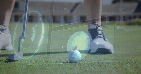 With golf tech radial gauges fading in female golfer adjusting stance and executing putting stroke - Powered by Adobe