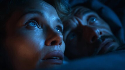 Couple experiences suspenseful moment in dimly lit bedroom at night