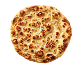 Round, golden-brown flatbread, dotted with browned, bubbly marks