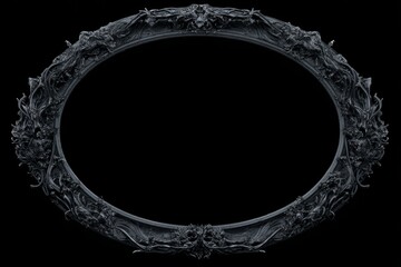Ornate dark oval frame with gothic floral elements on black background.