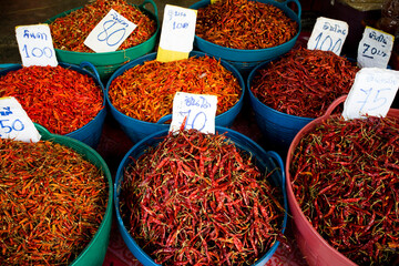 Colorful array of spicy red chilies at an Asian market in Thailand