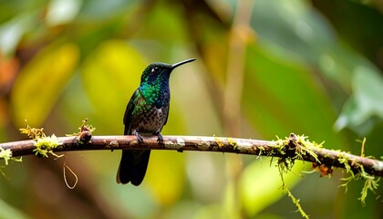 A hummingbird perched on a branch, surrounded by lush foliage