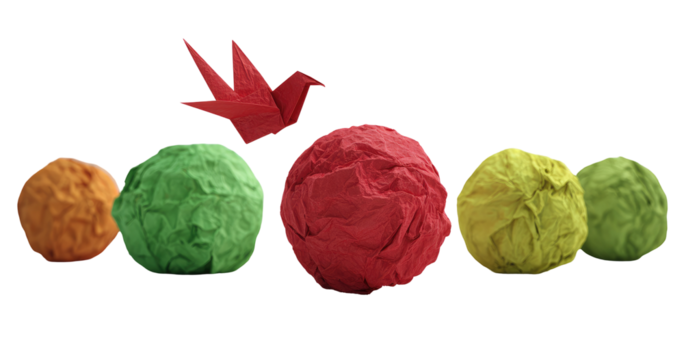 Crumpled paper spheres, a red origami bird, and vibrant colors