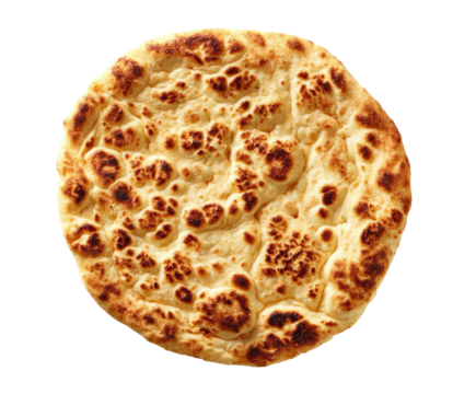 Round, golden-brown flatbread, dotted with browned, bubbly marks