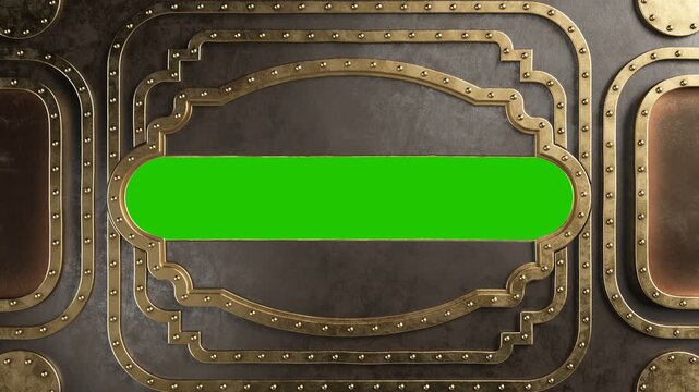 Steampunk style metal board with brass borders. Opening metal hole or door. Isolated with green chromakey, luma matte.