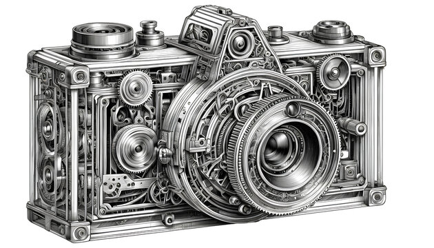 A Still Life of a Mechanical Marvel, where a detailed drawing of a vintage camera stands as a testament to a world of elegance, power, and timeless design.