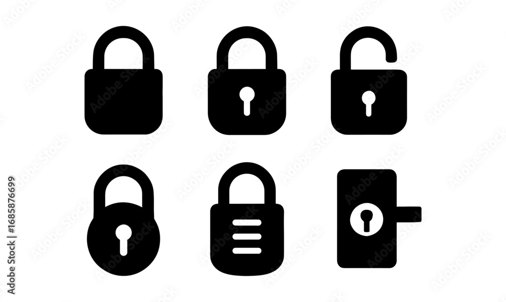 Poster set of minimalist padlock and keyhole icons for security and privacy design