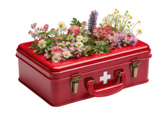 A vibrant red first-aid kit overflowing with colorful wildflowers. 