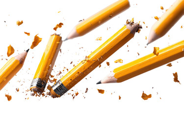 Obraz premium Broken pencils scattered against a black background. Yellow pencils with graphite cores are shattered, with fragments of wood and graphite debris exploding outward