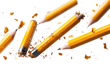 Broken pencils scattered against a black background.  Yellow pencils with graphite cores are shattered,  with fragments of wood and graphite debris exploding outward