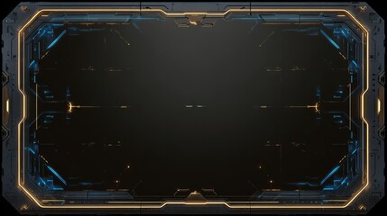 Futuristic digital interface frame with glowing neon edges and tech design.