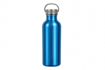 Blue reusable metal water bottle with handle and screw cap, isolated on transparent background, promoting hydration and sustainability