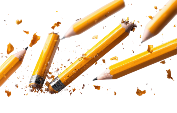 Broken pencils scattered against a black background.  Yellow pencils with graphite cores are shattered,  with fragments of wood and graphite debris exploding outward