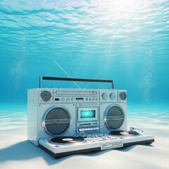 Retro boombox and turntables submerged underwater on sandy seabed with sun rays
