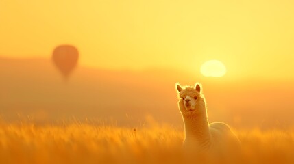 Llama and hot air balloon in golden sunrise mist