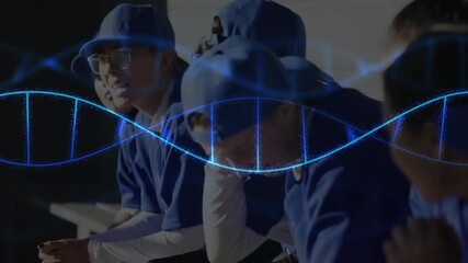Adult female baseball team sitting bench blue helix entering sweeping across showing sports tech - Powered by Adobe