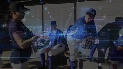 Female coach stepping into baseball dugout and offering ball to player for coaching under tech grid - Powered by Adobe